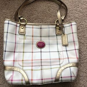 Coach Shoulder Purse White Plaid Pink Gold